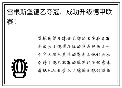 雷根斯堡德乙夺冠，成功升级德甲联赛！